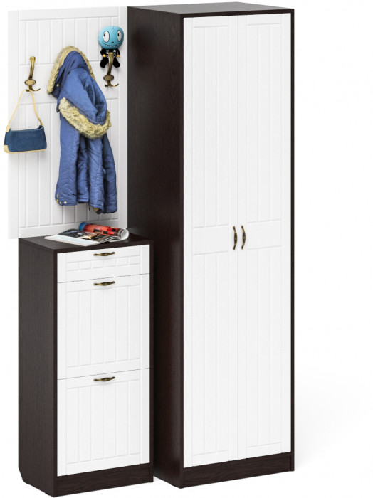 Прихожая П-6 Компоновка № 18, венге/фасады МДФ белое дерево фрезеровка прованс