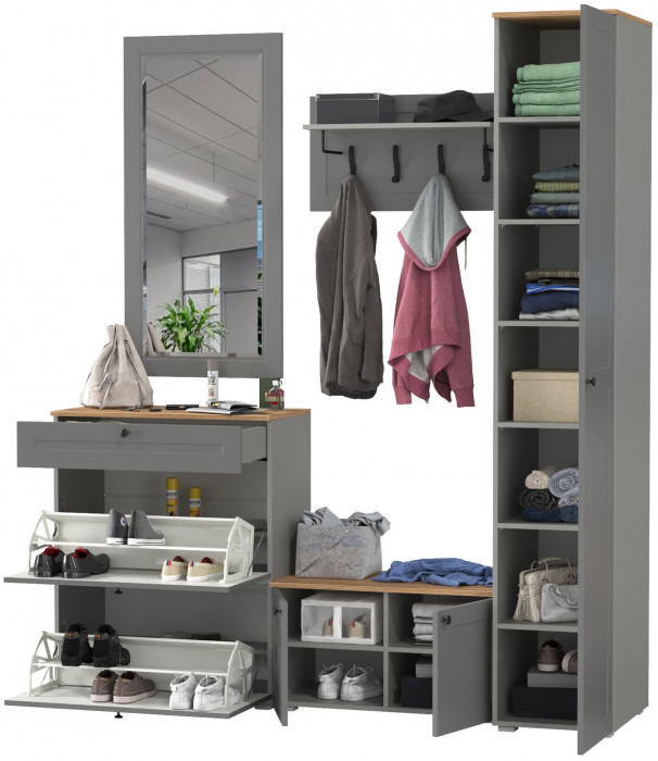 Остин Прихожая 45, цвет серый графит/дуб крафт золотой, ШхГхВ 200х54,3х229,6 см., универсальная сборка