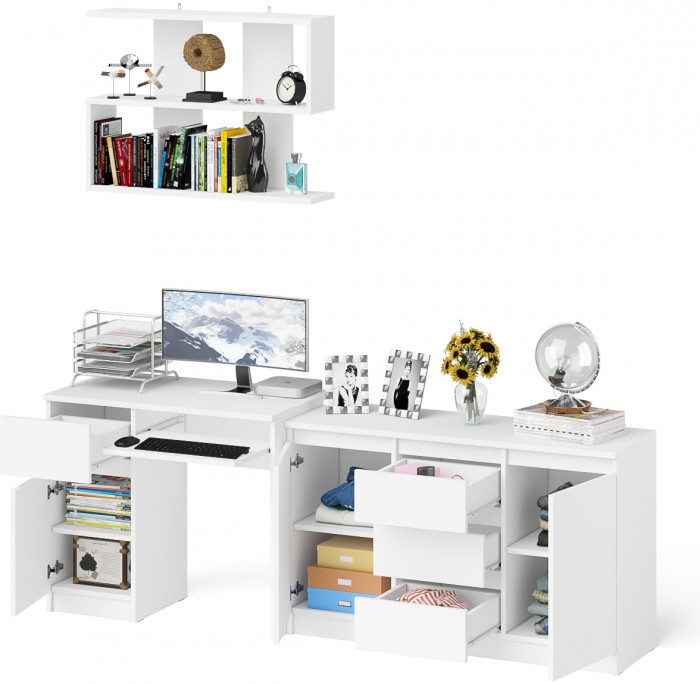 Мори компьютерный стол МС-1 левый + Комод МК1200.3 + Полка 900, белый