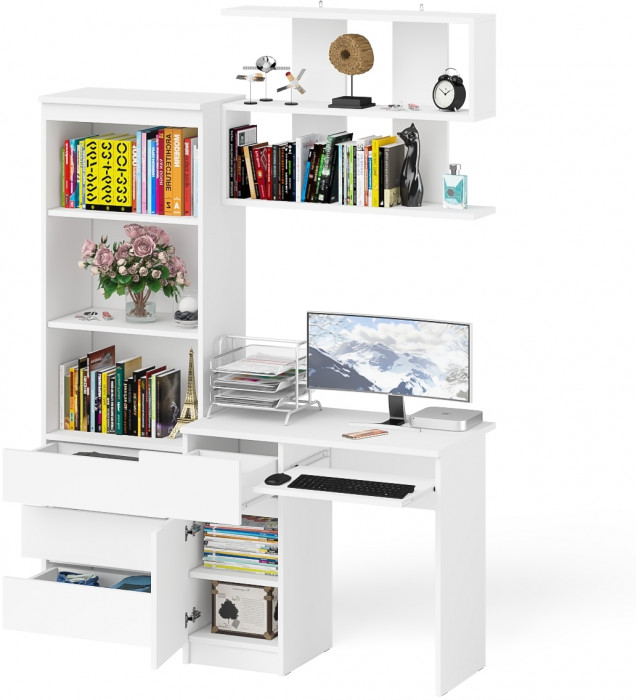 Мори компьютерный стол МС-1 левый + Стеллаж МСТ600.3 + Полка 900, белый
