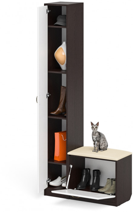 Прихожая П-6 Компоновка № 19, цвет венге/фасады МДФ белое дерево фрезеровка ромб, ШхГхВ 90х35х210 см., универсальная сборка