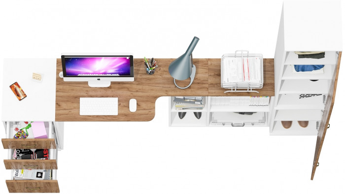 Лидер-8 Стол + Тумба МД 3.16 + Пенал МД 22Б, белый шагрень/крафт золото
