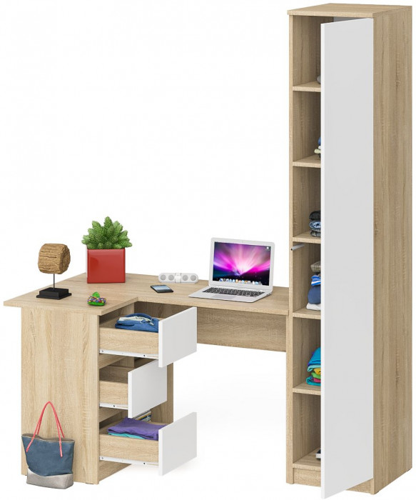 Мори компьютерный стол МС-16 левый + Пенал МШ400.1, дуб сонома/белый