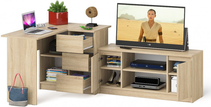 Мори компьютерный стол МС-16 правый + Тумба МТВ1200.1, дуб сонома
