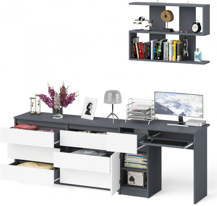 Мори Стол компьютерный МС-1 левый + Комод МК1380.6 + Полка 900, цвет графит/белый, ШхГхВ 228х50х209,6 см., НЕ универсальная сборка