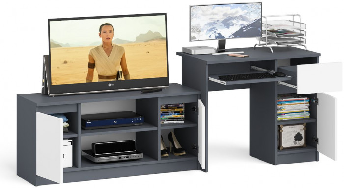 Мори Стол компьютерный МС-1 правый + Тумба МТВ1200.1, цвет графит/белый, ШхГхВ 210,4х50х76,6 см., выдвижной ящик справа, НЕ универсальная сборка