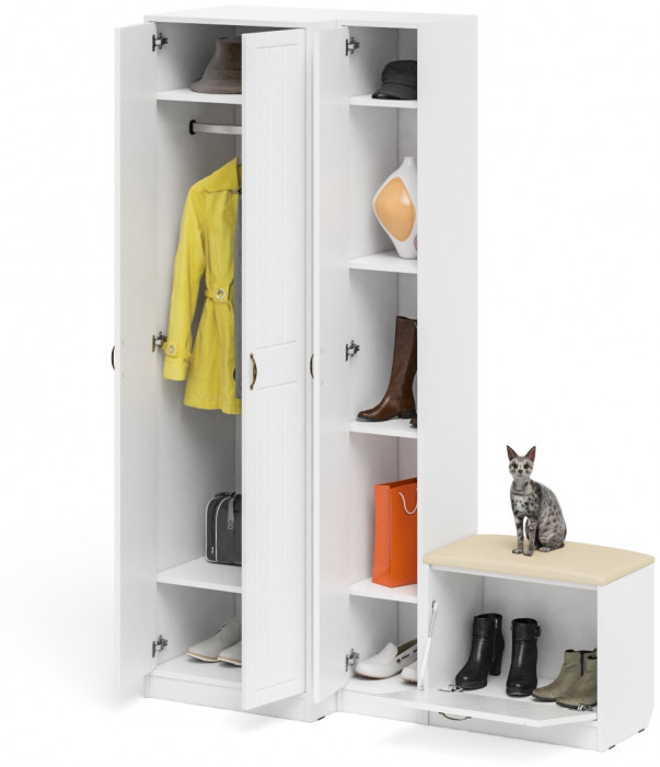 Прихожая П-6 Компоновка № 25, цвет белая шагрень/фасады МДФ белое дерево фрезеровка прованс, ШхГхВ 150х50х210 см., универсальная сборка