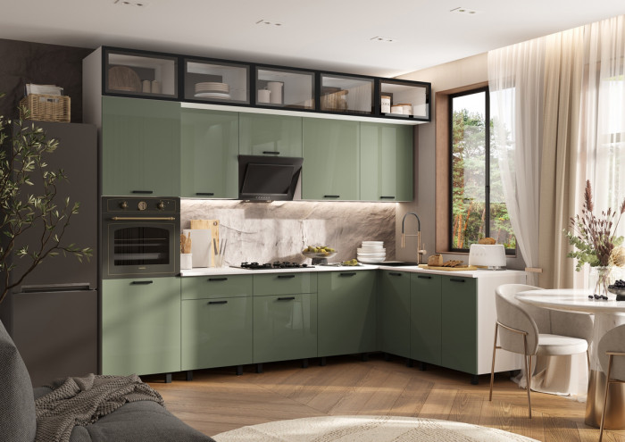 Кухня Техно 3,0х1,8/1080м Компоновка №8, Белый/Олива глянец