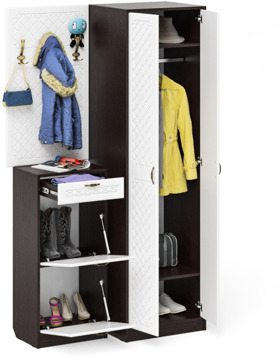 Прихожая П-6 Компоновка № 18, венге/фасады МДФ белое дерево фрезеровка ромб