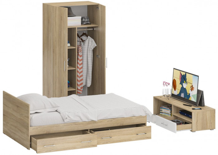 Спальня Стандарт 3-1200Я, дуб сонома/фасады ТВ тумбы МДФ белый глянец