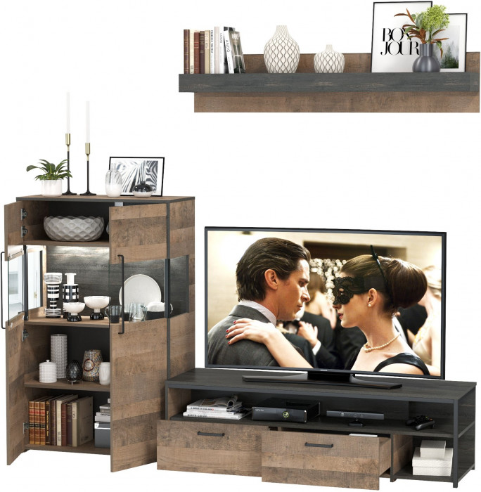 Трувор 13.70 Тумба под ТВ + 13.306 Комод с витриной, дуб гранж песочный/интра