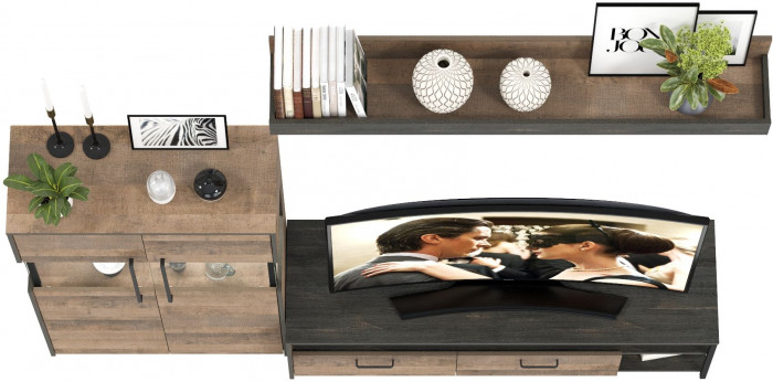 Трувор 13.70 Тумба под ТВ + 13.306 Комод с витриной, дуб гранж песочный/интра