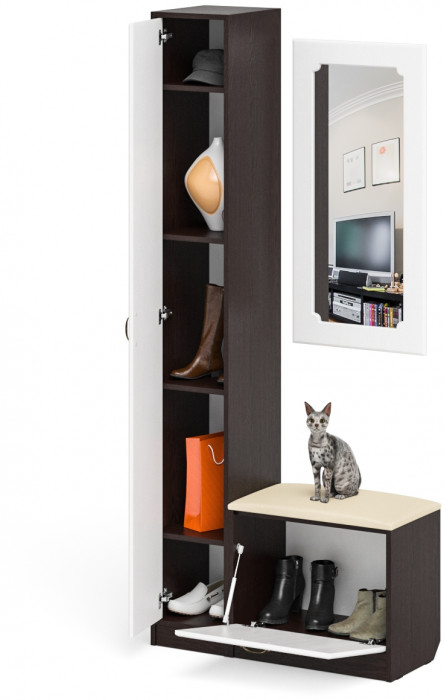 Прихожая П-6 Компоновка № 20, цвет венге/фасады МДФ белое дерево фрезеровка ромб, ШхГхВ 90х35х210 см., универсальная сборка