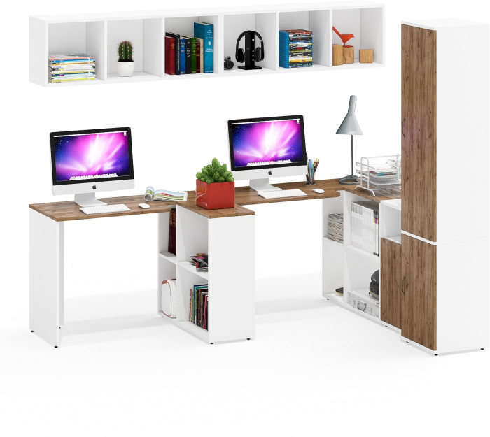 Лидер-8 Стол + Полка + Стол + Полка + Пенал МД 21Б + Тумба МД 3.19, белый шагрень/крафт золото