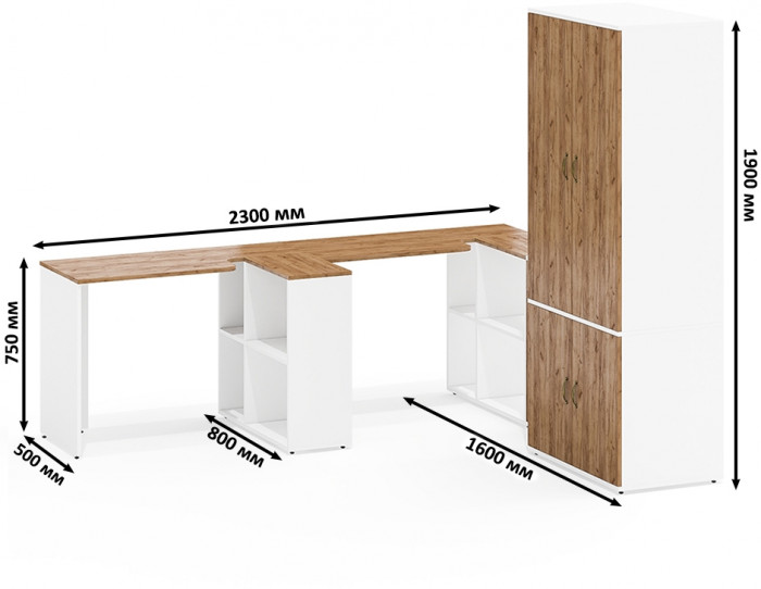 Лидер-8 Стол + Полка + Стол + Полка + Пенал МД 21Б + Тумба МД 3.19, белый шагрень/крафт золото