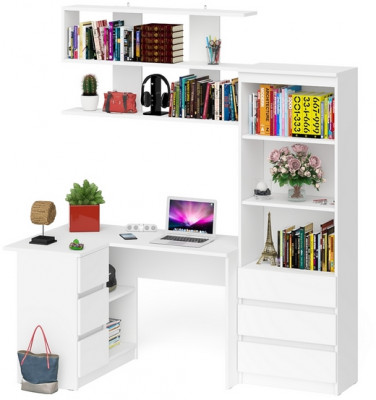 Мори компьютерный стол МС-16 левый + Стеллаж МСТ600.3 + Полка 1200, белый