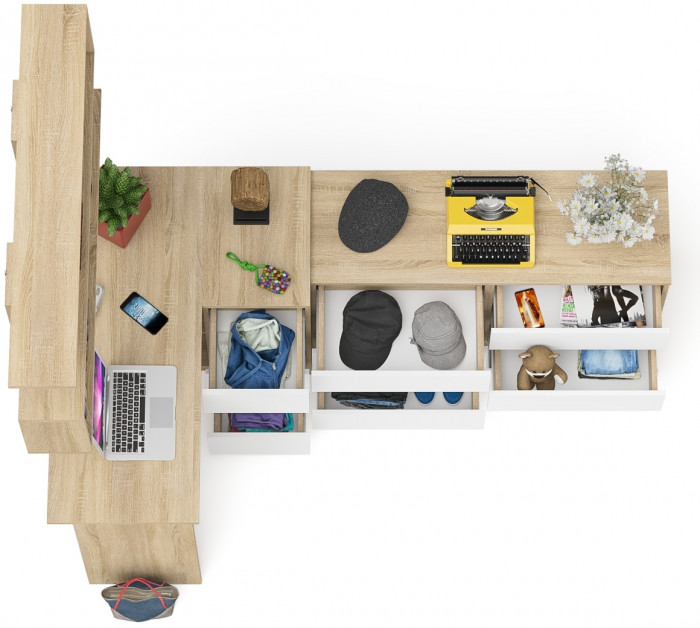 Мори компьютерный стол МС-16 правый + Комод МК1200.6 + Полка 1200, дуб сонома/белый