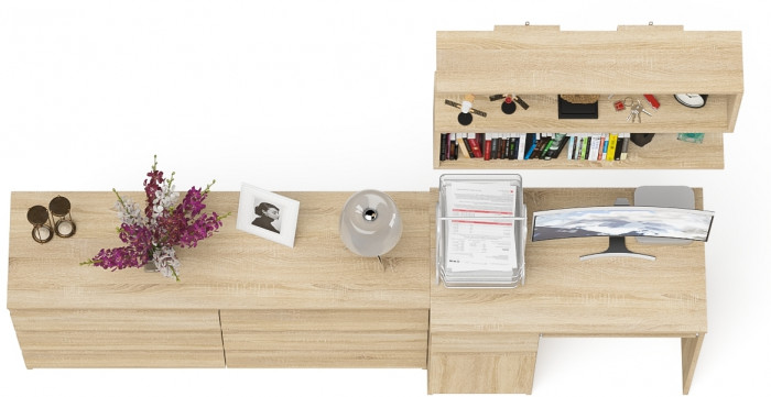 Мори Стол компьютерный МС-1 левый + Комод МК1380.6 + Полка 900, цвет дуб сонома, ШхГхВ 228х50х209,6 см., НЕ универсальная сборка