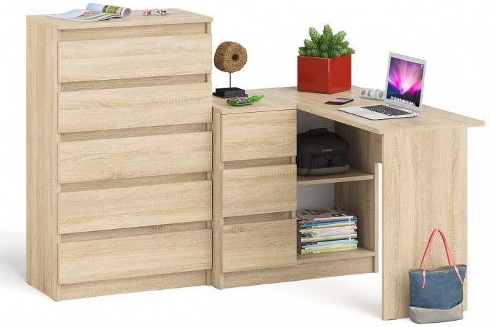 Мори Стол компьютерный МС-16 левый + Комод МК700.5, цвет дуб сонома, ШхГхВ 194,8х84,9х114 см., выдвижные ящики слева, НЕ универсальная сборка
