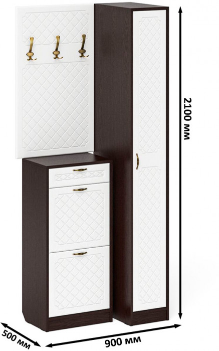 Прихожая П-6 Компоновка № 44, венге/фасады МДФ белое дерево фрезеровка ромб