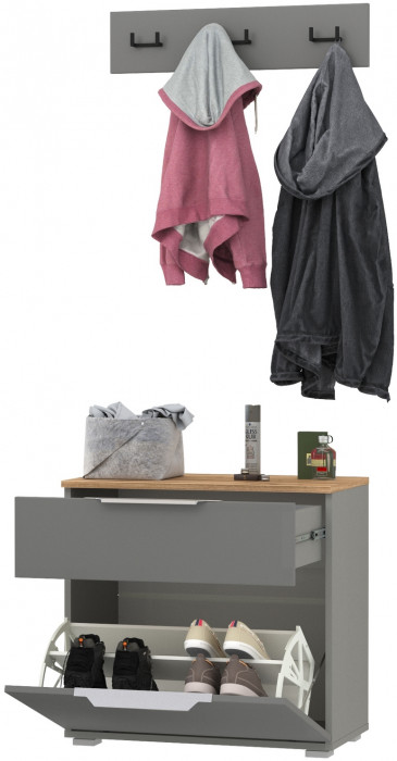Октава 16.127 Тумба для обуви + 15.14.02 Вешалка, цвет серый графит/дуб крафт золотой/фасады МДФ серый графит, ШхГхВ 64,9х35,4х180 см.