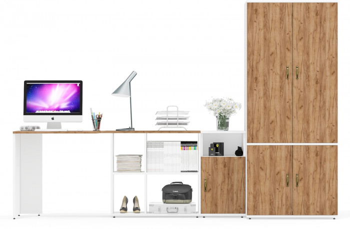 Лидер-8 Стол + Тумба МД 3.19 + Шкаф МД 19Б, белый шагрень/крафт золото