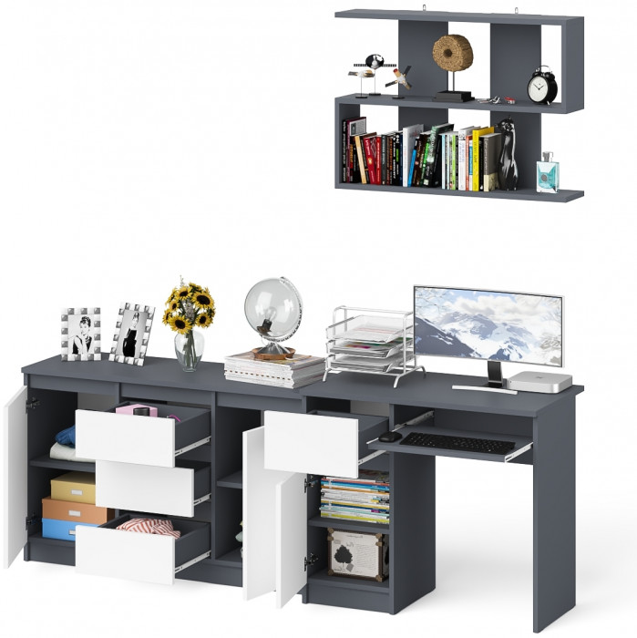 Мори компьютерный стол МС-1 левый + Комод МК1200.3 + Полка 900, графит/белый