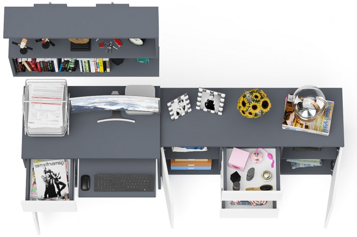 Мори компьютерный стол МС-1 левый + Комод МК1200.3 + Полка 900, графит/белый