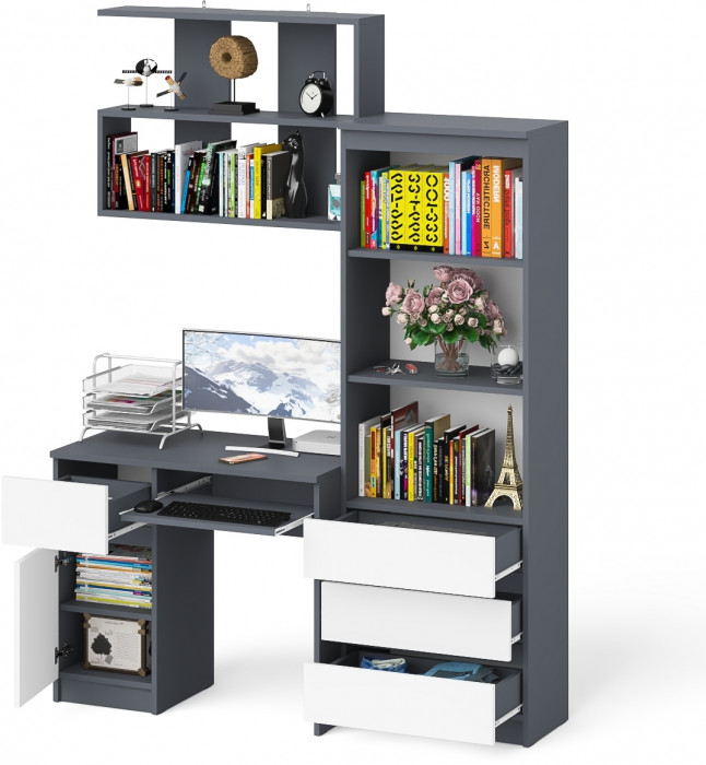 Мори компьютерный стол МС-1 левый + Стеллаж МСТ600.3 + Полка 900, графит/белый