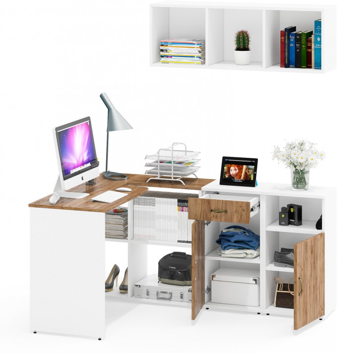 Лидер-8 Стол + Полка + Тумба МД 3.15 + Тумба МД 3.19, цвет белый шагрень/крафт золото, ШхГхВ 245х50/30х75/190 или 115х50/160х75/190 с, НЕ универс. сб.