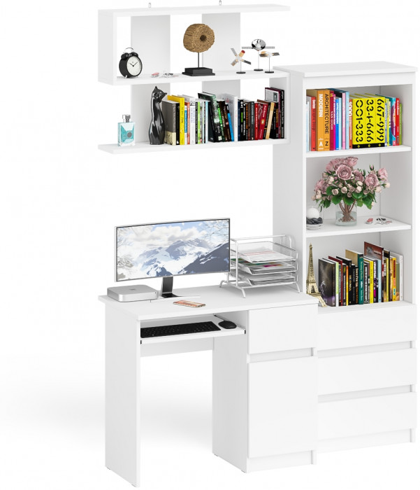 Мори компьютерный стол МС-1 правый + Стеллаж МСТ600.3 + Полка 900, белый