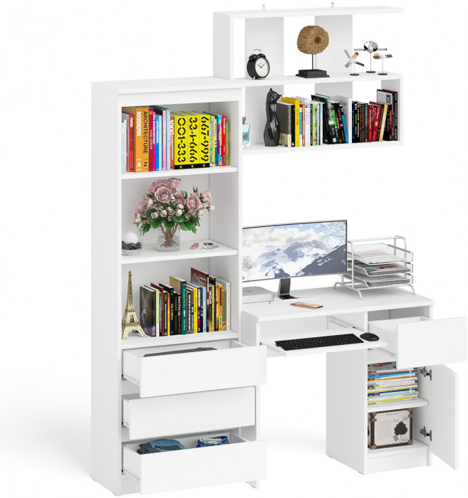 Мори компьютерный стол МС-1 правый + Стеллаж МСТ600.3 + Полка 900, белый