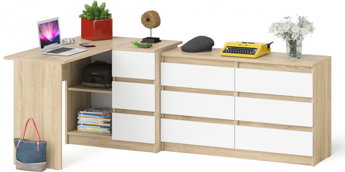 Мори Стол компьютерный МС-16 правый + Комод МК1200.6, цвет дуб сонома/белый, ШхГхВ 244,8х84,9х76,6 см., выдвижные ящики справа, НЕ универс. сборка