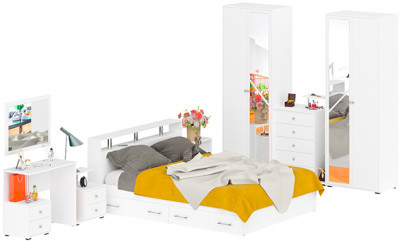 Камелия спальня № 10 Кровать с ящиками 1600 + Две тумбы + Стол косметич. + Зеркало + Комод + Шкаф, белый