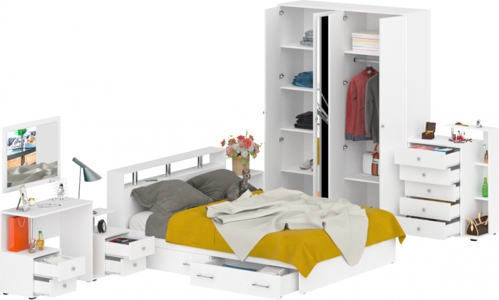Камелия спальня № 10 Кровать с ящиками 1600 + Две тумбы + Стол косметич. + Зеркало + Комод + Шкаф, белый