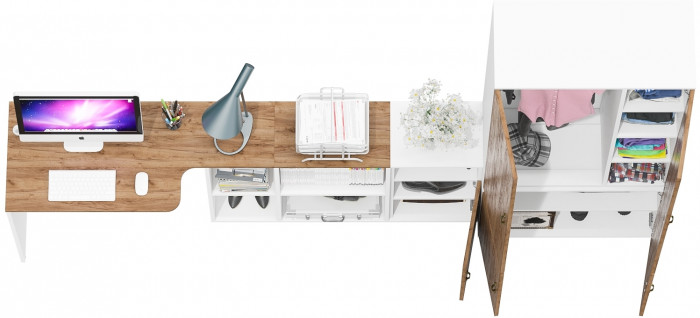 Лидер-8 Стол + Тумба МД 3.19 + Шкаф МД 20Б, белый шагрень/крафт золото