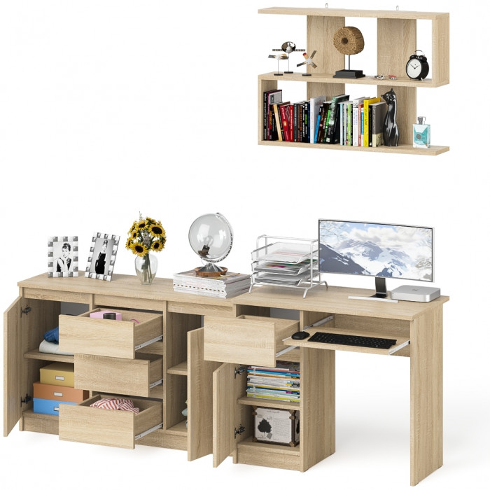 Мори компьютерный стол МС-1 левый + Комод МК1200.3 + Полка 900, дуб сонома