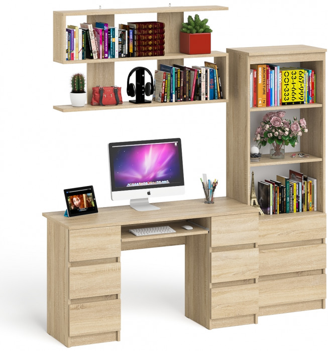 Мори компьютерный стол МС-2 + Стеллаж МСТ600.3 + Полка 1200, дуб сонома