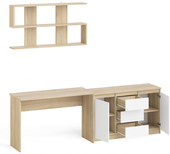 Мори письменный стол МСП1200.1 + Комод МК1200.3 + Полка 1200, дуб сонома/белый