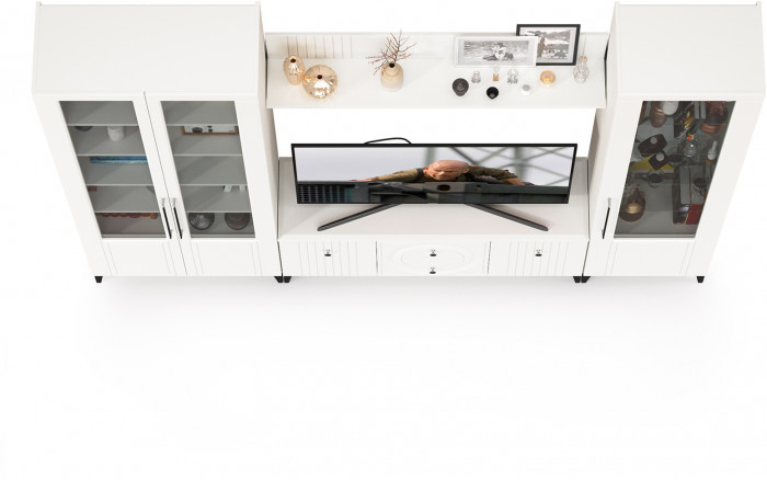 Валенсия Гостиная № 060, цвет ЛДСП белый шагрень/МДФ белый шагрень, ШхГхВ 272,2х38,3х225,2 см., ниша для ТВ 133х38х117 см., универсальная сборка