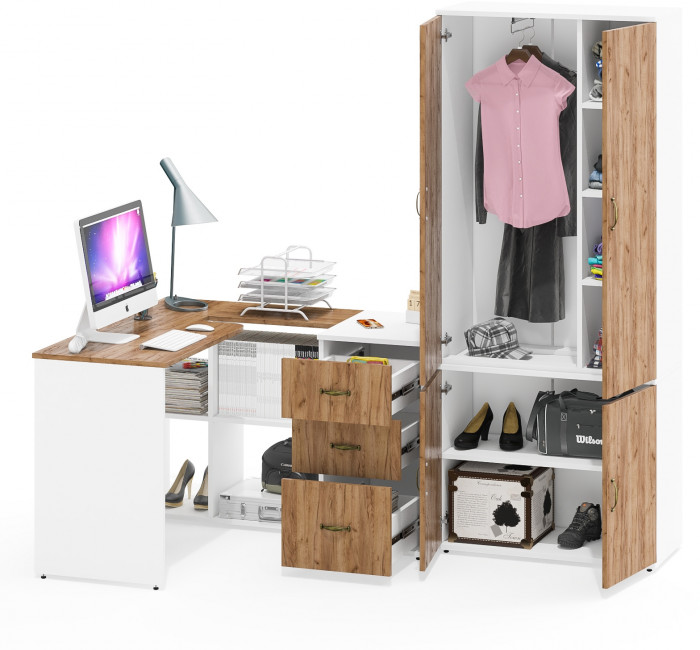 Лидер-8 Стол + Тумба МД 3.16 + Шкаф МД 19Б, белый шагрень/крафт золото