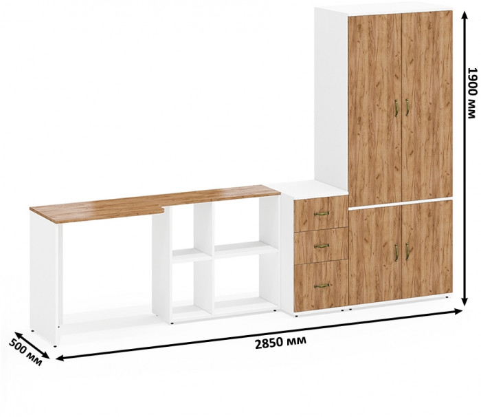 Лидер-8 Стол + Тумба МД 3.16 + Шкаф МД 19Б, белый шагрень/крафт золото