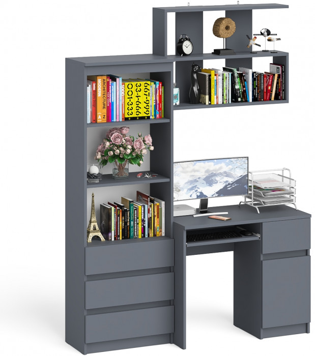 Мори компьютерный стол МС-1 правый + Стеллаж МСТ600.3 + Полка 900, графит