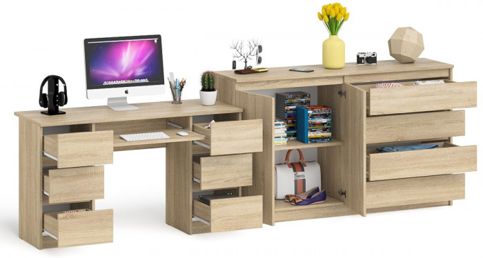 Мори компьютерный стол МС-2 + Комод МК1600.1, дуб сонома