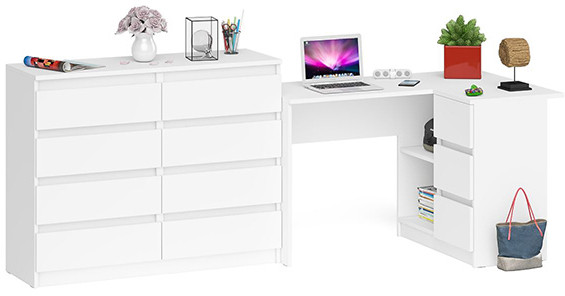 Мори Стол компьютерный МС-16 правый + Комод МК1200.8, цвет белый, ШхГхВ 244,8х84,9х94 см., выдвижные ящики справа, НЕ универсальная сборка