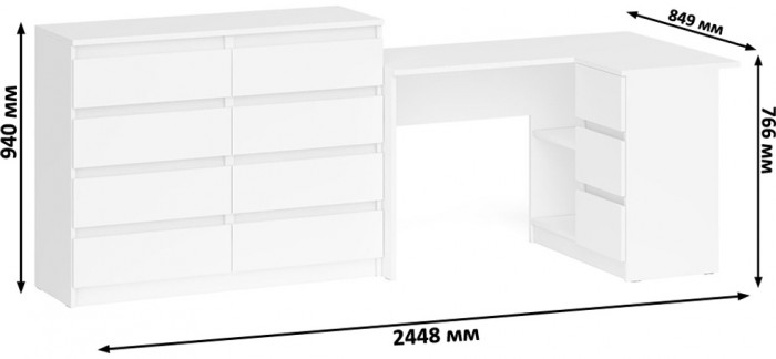 Мори Стол компьютерный МС-16 правый + Комод МК1200.8, цвет белый, ШхГхВ 244,8х84,9х94 см., выдвижные ящики справа, НЕ универсальная сборка