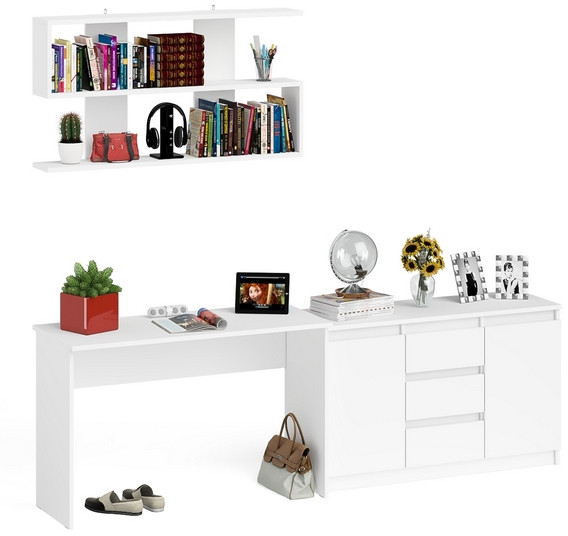 Мори Стол письменный МСП1200.1 + Комод МК1200.3 + Полка 1200, цвет белый, ШхГхВ 240,8х50х209,6 см., универсальная сборка