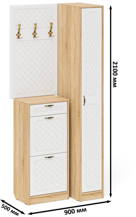 Прихожая П-6 Компоновка № 44, дуб сонома/фасады МДФ белое дерево фрезеровка ромб