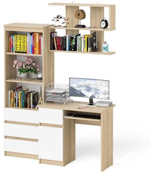 Мори компьютерный стол МС-1 левый + Стеллаж МСТ600.3 + Полка 900, дуб сонома/белый