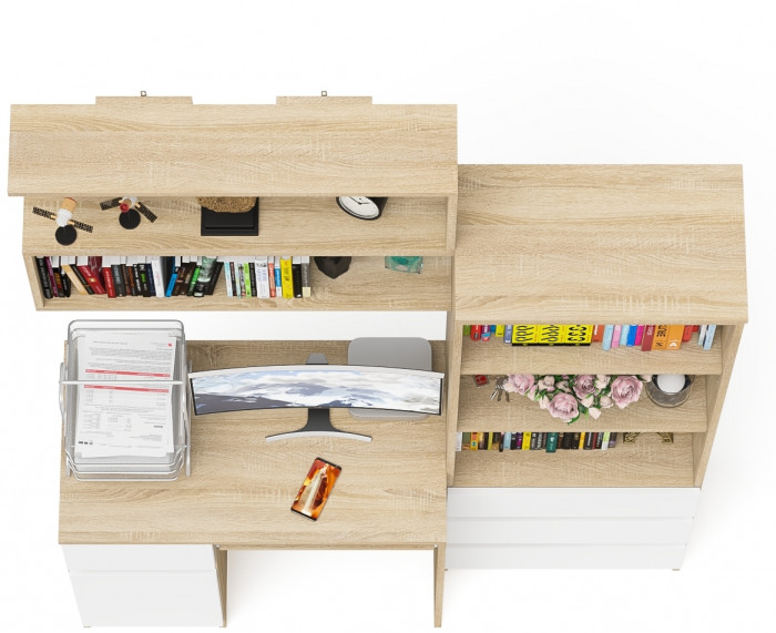 Мори компьютерный стол МС-1 левый + Стеллаж МСТ600.3 + Полка 900, дуб сонома/белый